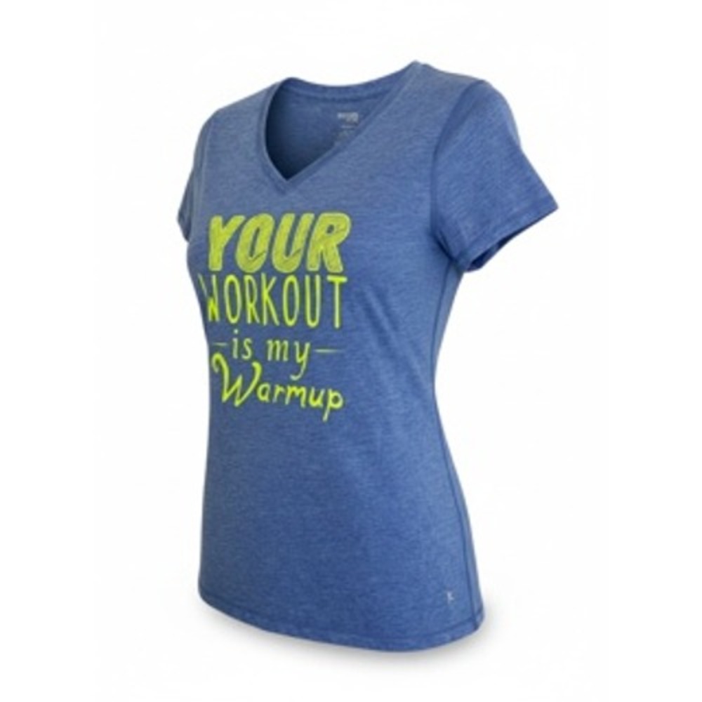 Danskin Now Women Blue Your Workout Is My Warmup V-Neck T-Shirt Small 4-6